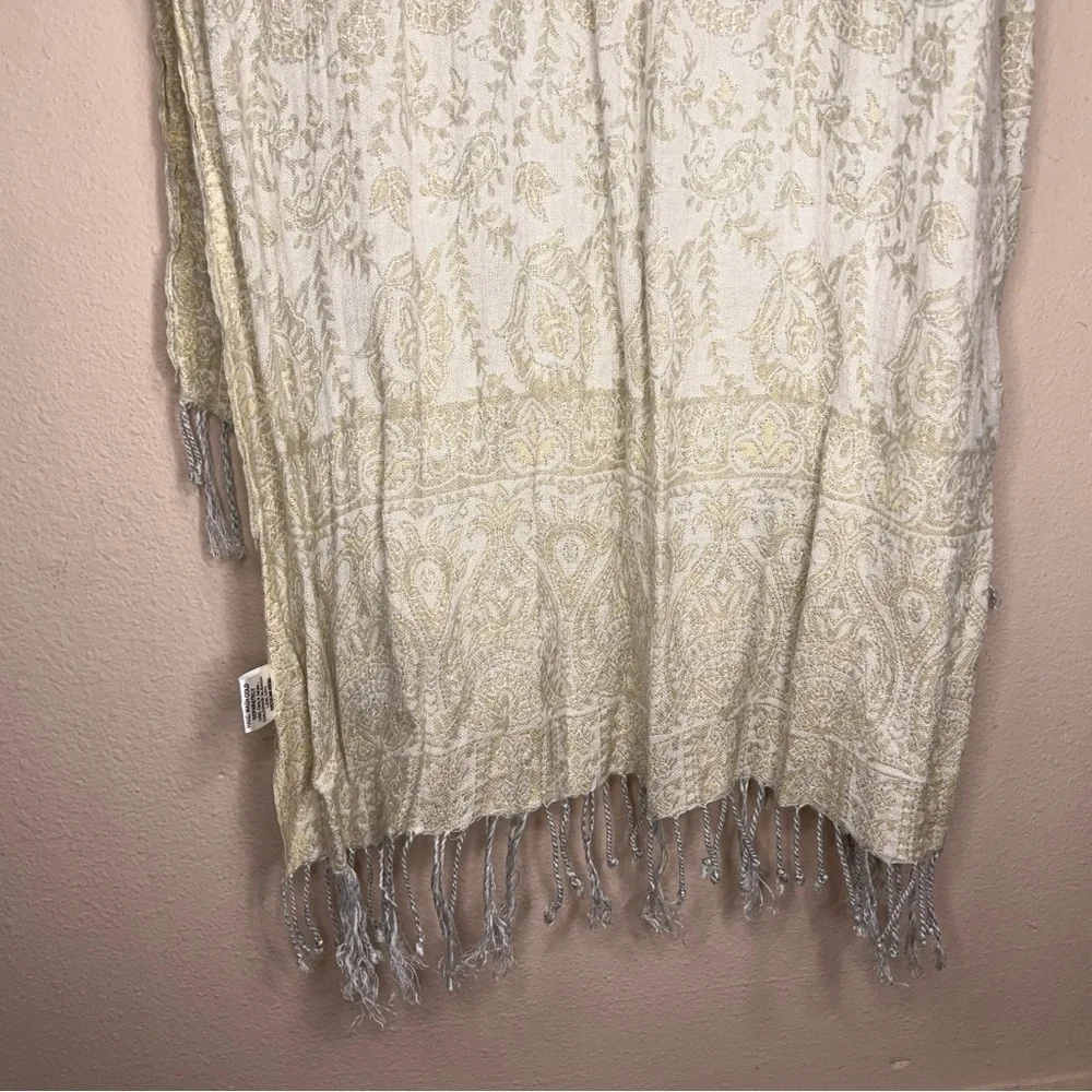 Ivory Cream Scarf Paisley Floral Fringe Accent Wrap Made In India Boho Bohemian